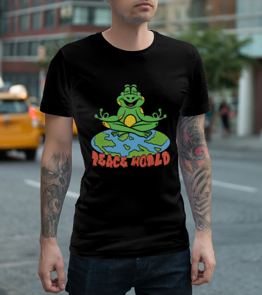 Meditating Frog Sitting On Planet Earth Peace World T-Shirt