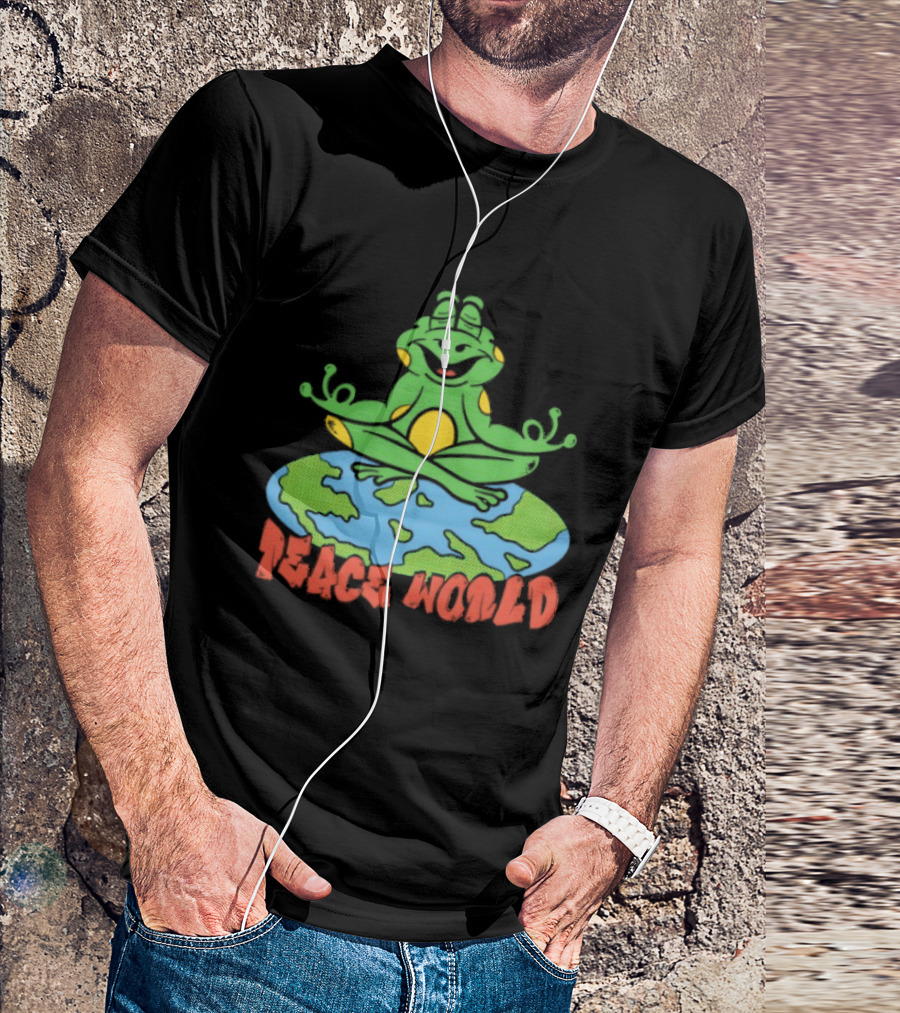 Meditating Frog Sitting On Planet Earth Peace World T-Shirt
