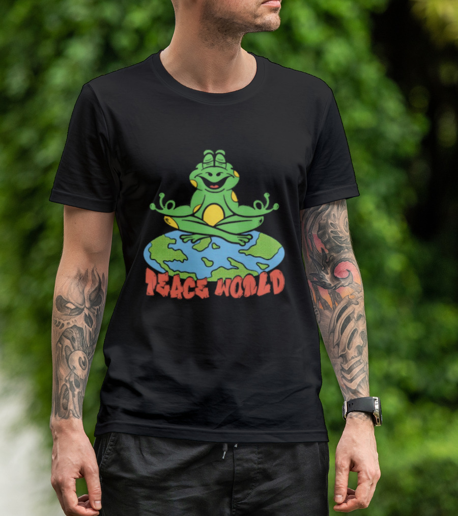 Meditating Frog Sitting On Planet Earth Peace World T-Shirt
