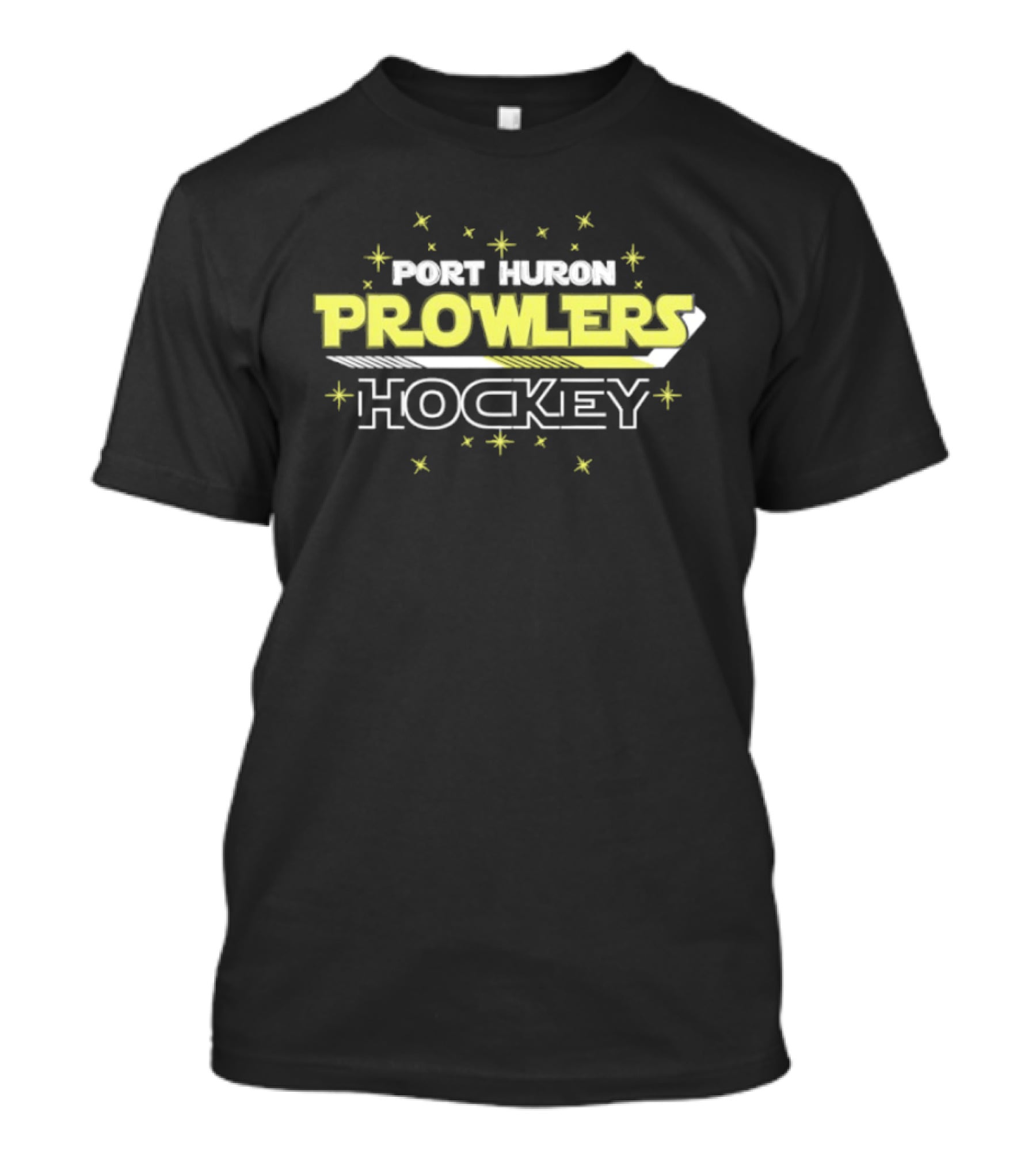 Port Huron Prowlers Hockey Team Yellow Text With Stars And Stick T-Shirt
