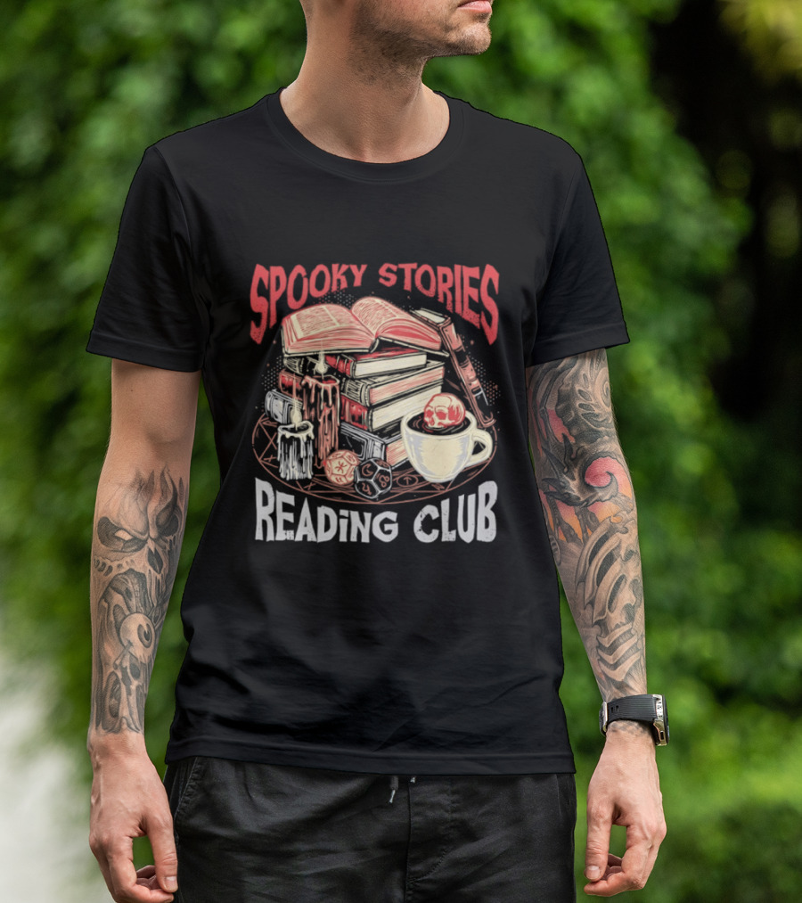 Spooky Stories Reading Club Books Candles Skulls And Cup T-Shirt