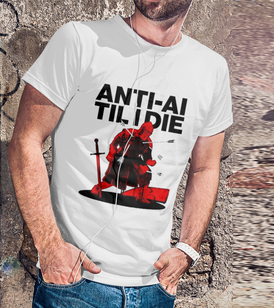 ANTI AI TIL I DIE Medieval Warrior Kneeling With Sword And Arrows T-Shirt