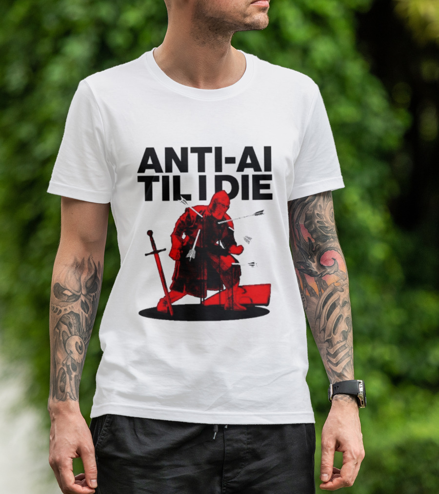 ANTI AI TIL I DIE Medieval Warrior Kneeling With Sword And Arrows T-Shirt