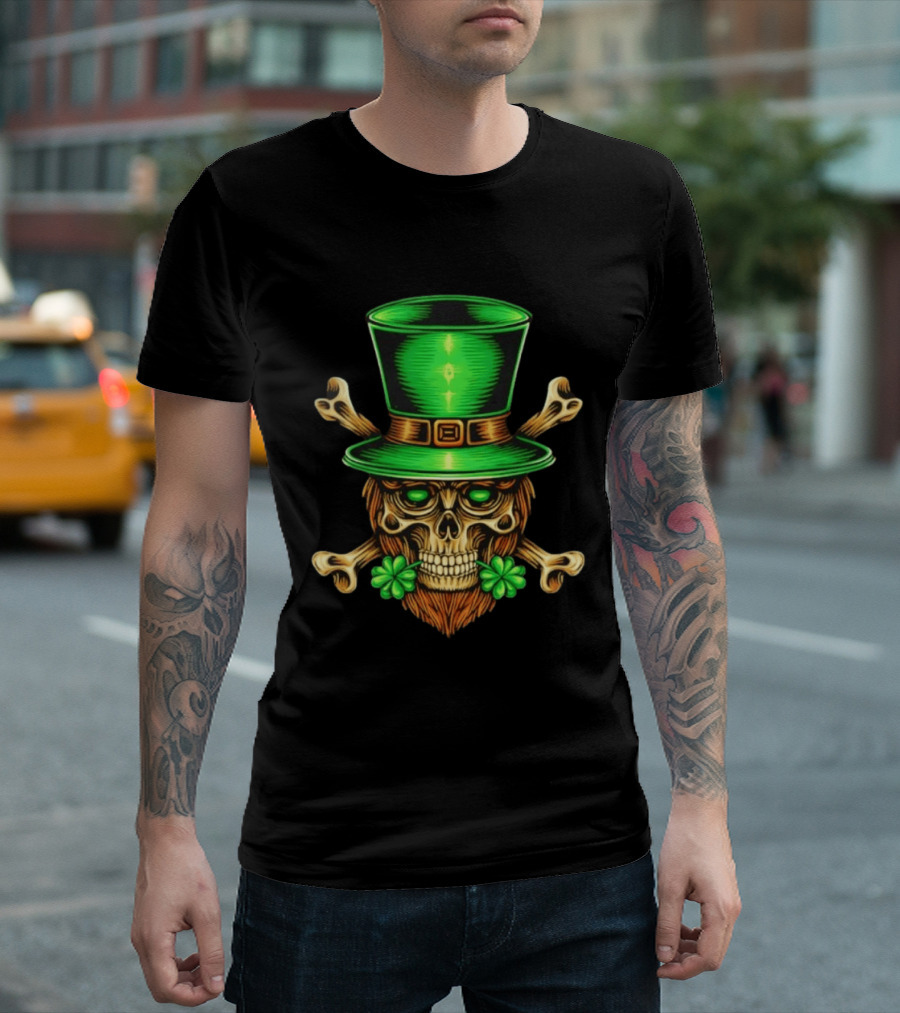 Leprechaun Irish Skull Clover Crossbones Green Top Hat St Patrick's Day T-Shirt