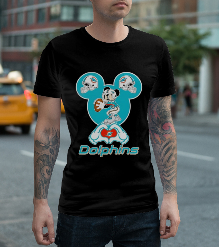 Miami Dolphins Mickey Mouse Heart Hands Football Helmets T-Shirt