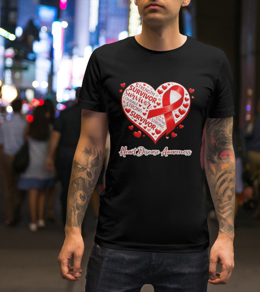 Survivor Strength Courage Strong Heart Disease Awareness Red Ribbon T-Shirt