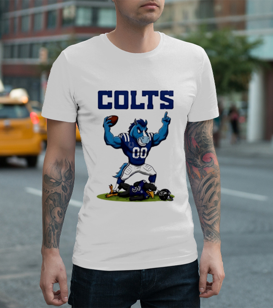 Indianapolis Colts Horse Mascot Defeats Baltimore Ravens Bird Rivalry Football Showdown T-Shirt