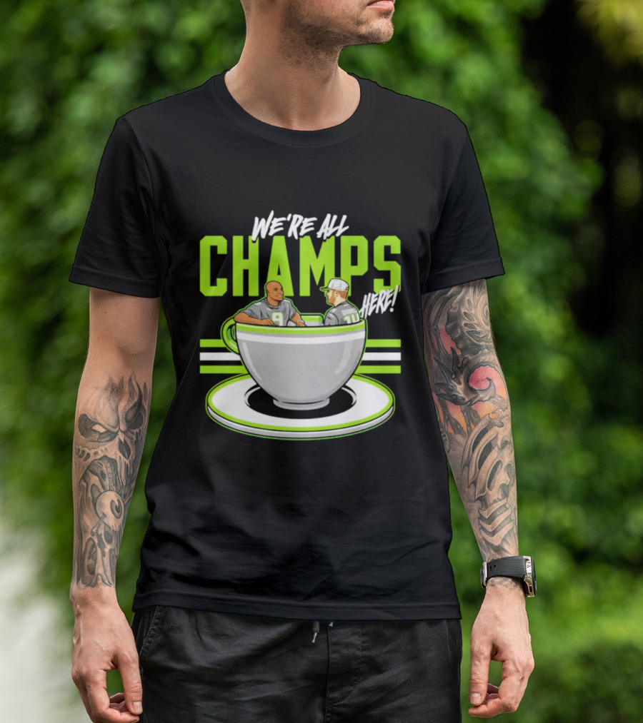 We're All Champs Here Kenneth Walker III Sam Darnold Seattle Tea Cup T-Shirt
