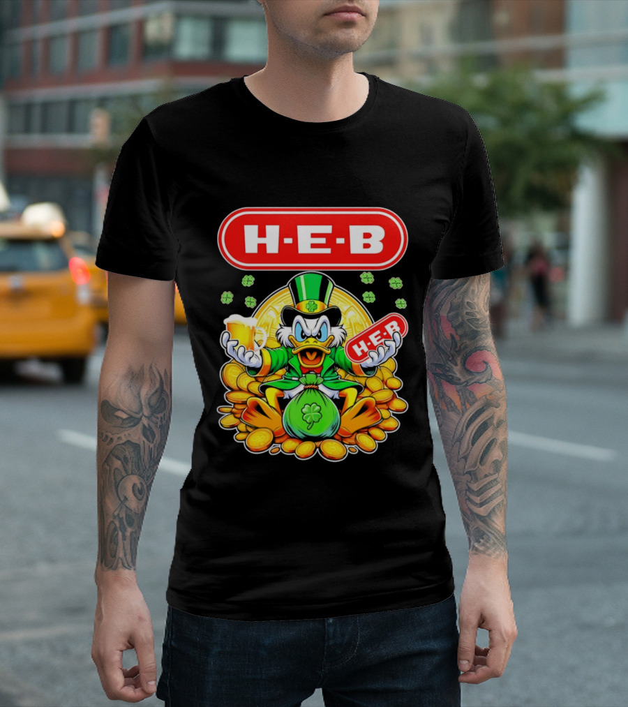 H E B St Patricks Day Scrooge McDuck Coins And Clover Hat T-Shirt