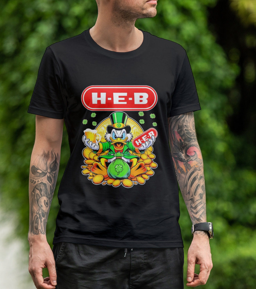 H E B St Patricks Day Scrooge McDuck Coins And Clover Hat T-Shirt