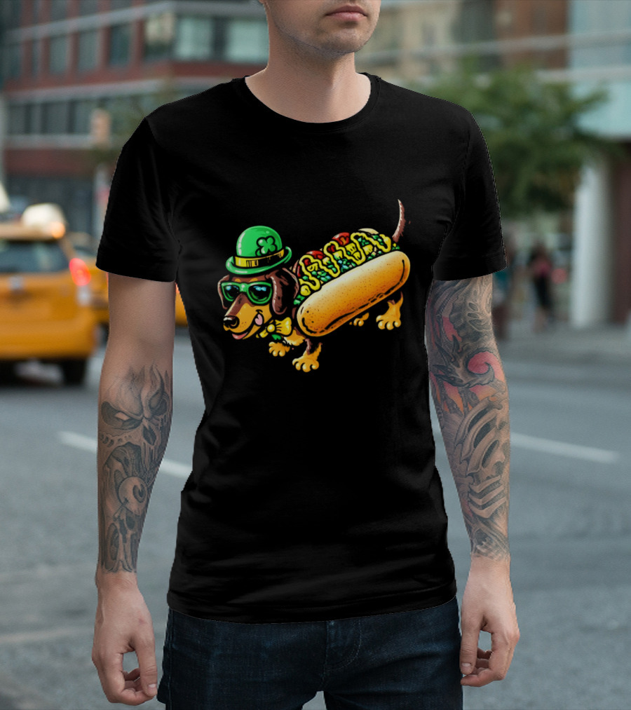 St Patricks Day Chicago Hot Dog Wearing Irish Hat And Glasses T-Shirt