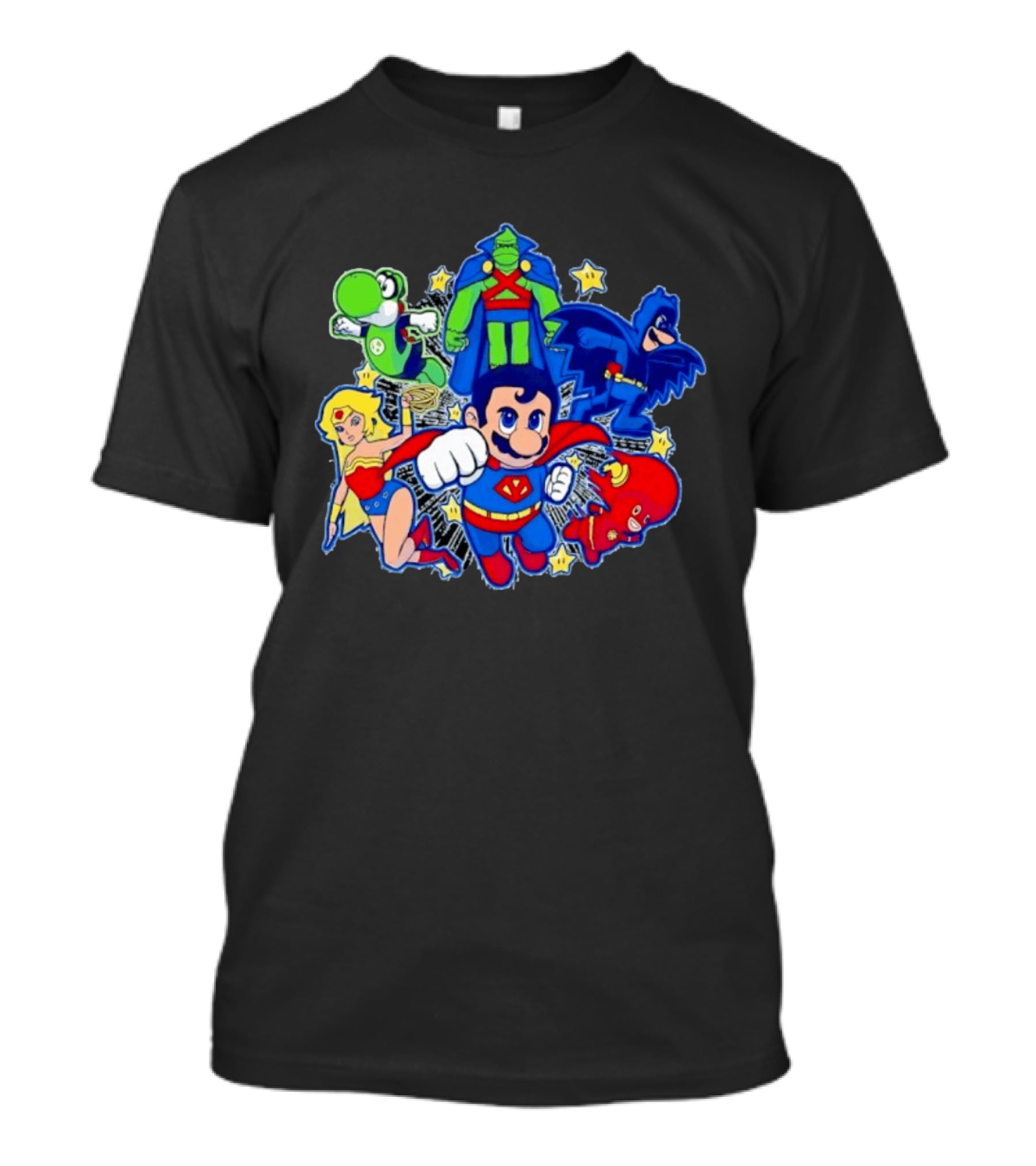 Justice League Mario Bros Crossover With Yoshi Batman Flash Wonder Woman Martian Manhunter T-Shirt