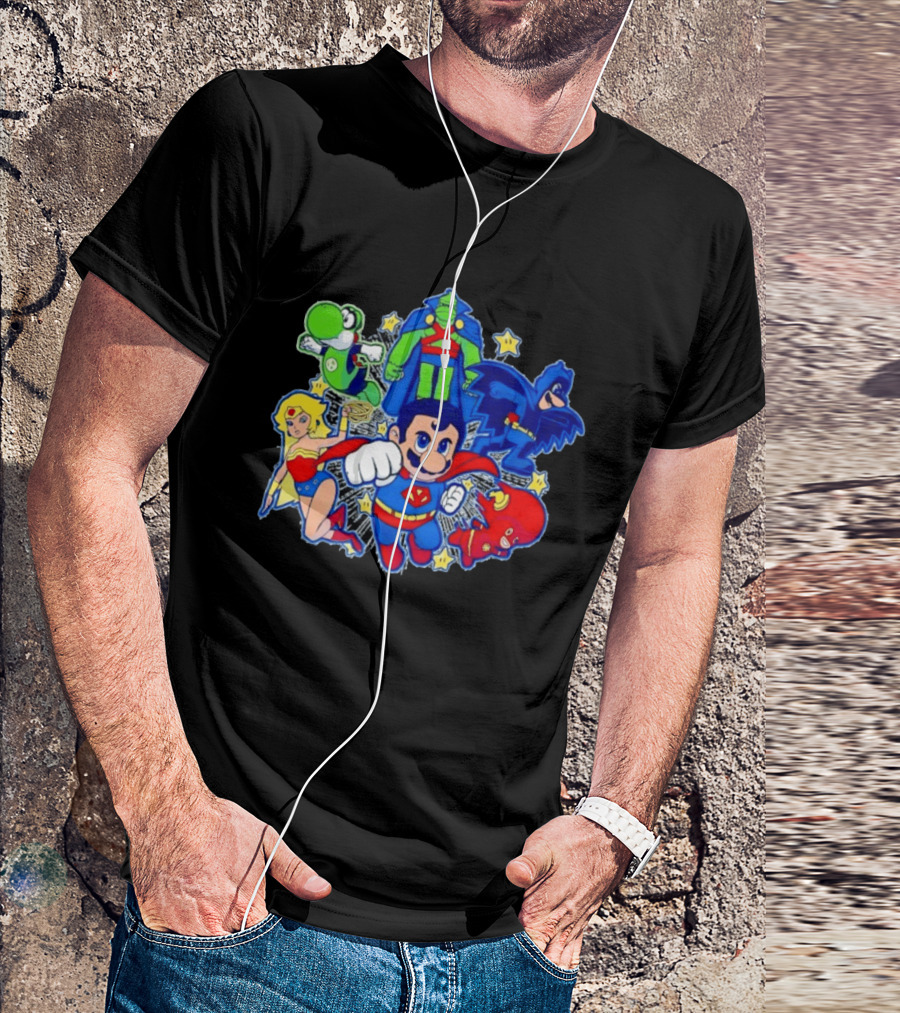 Justice League Mario Bros Crossover With Yoshi Batman Flash Wonder Woman Martian Manhunter T-Shirt