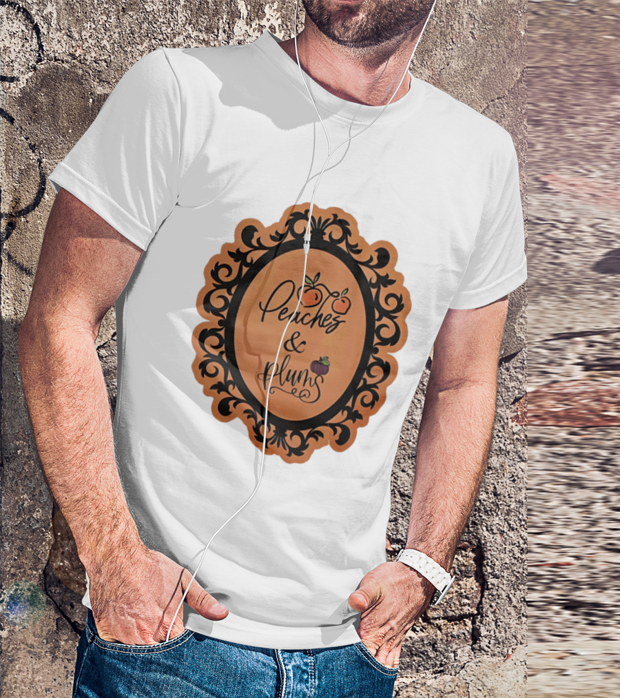 Peaches And Plums Ornate Black Floral Oval Frame T-Shirt