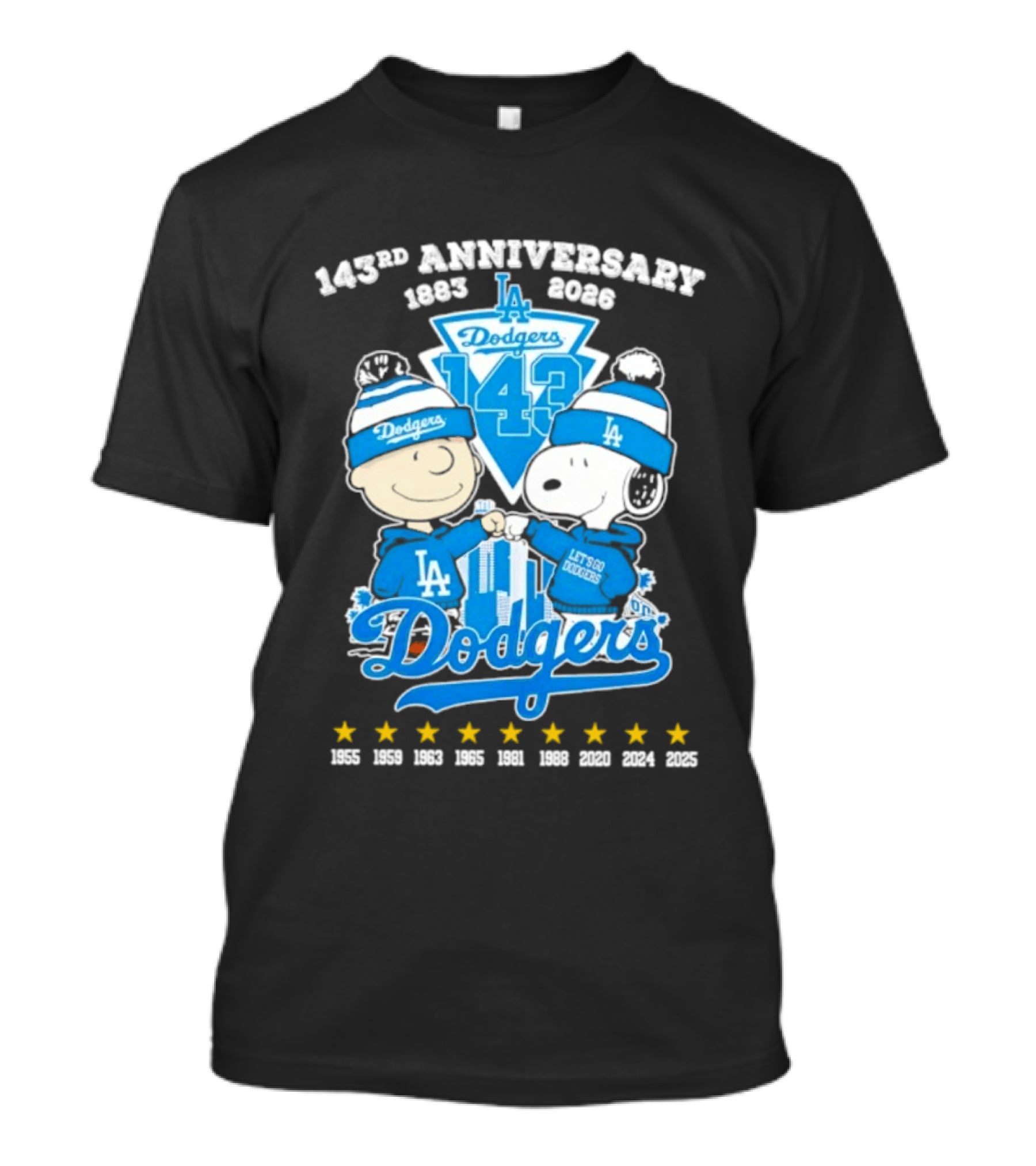 Los Angeles Dodgers 143rd Anniversary 1883 2026 Charlie Brown Snoopy Fist Bump T-Shirt