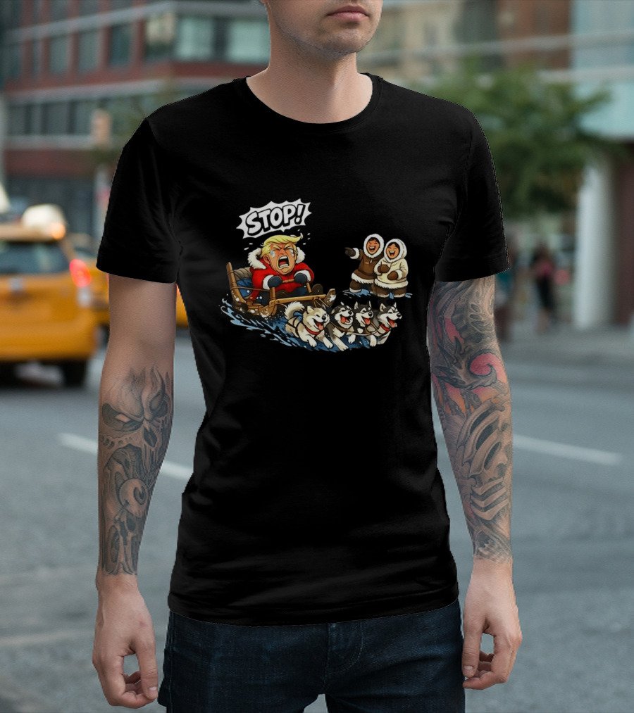 STOP Trump Greenland Dogsled Cartoon T-Shirt