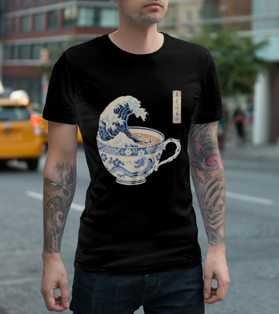 The Great Kanagawa Tea Cup Ukiyo E Wave Meets Dragon Porcelain T-Shirt