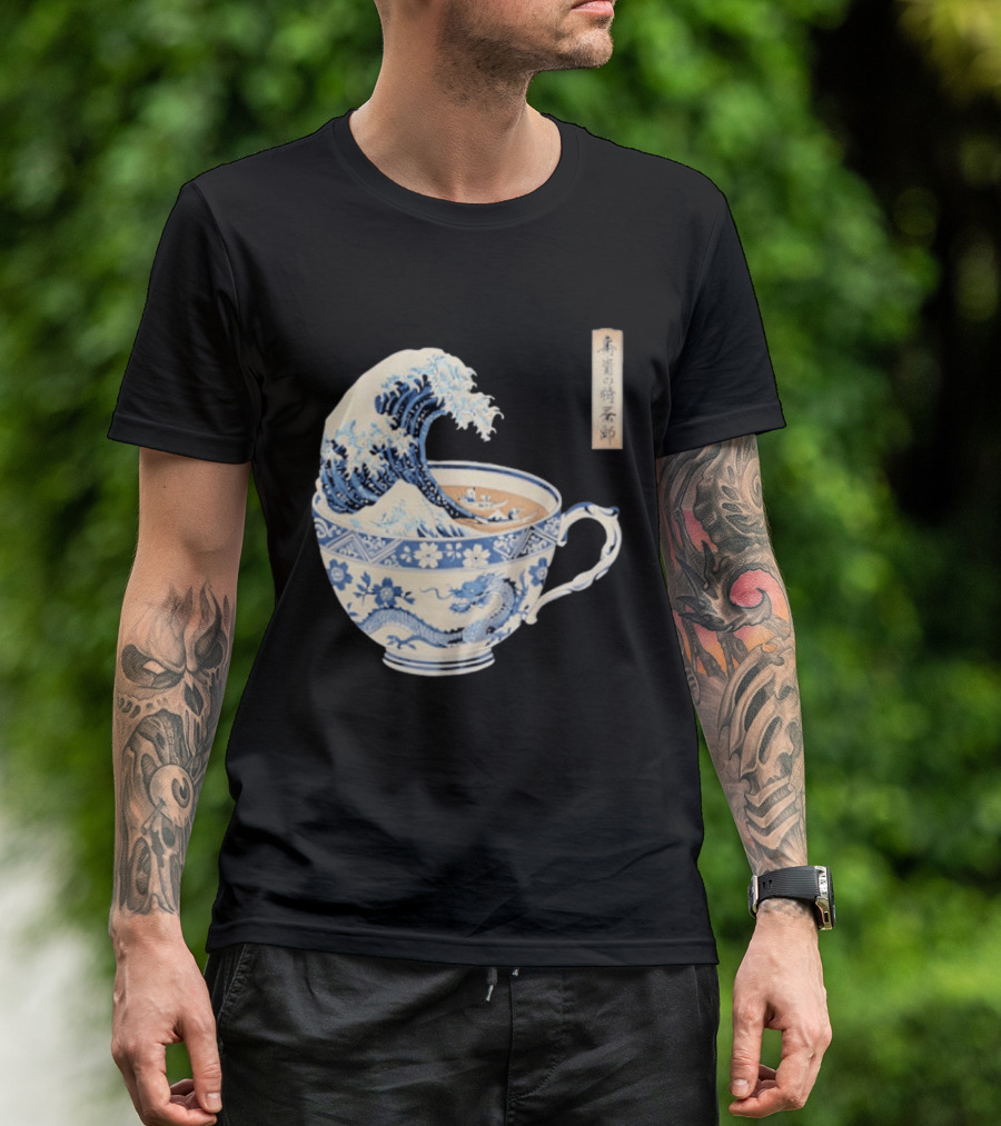 The Great Kanagawa Tea Cup Ukiyo E Wave Meets Dragon Porcelain T-Shirt