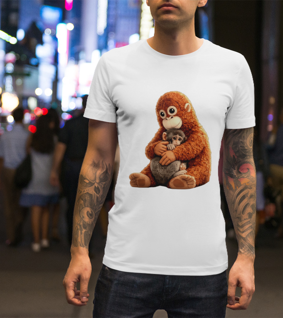 Punch Monkey Hugging Plush Baby Monkey T-Shirt