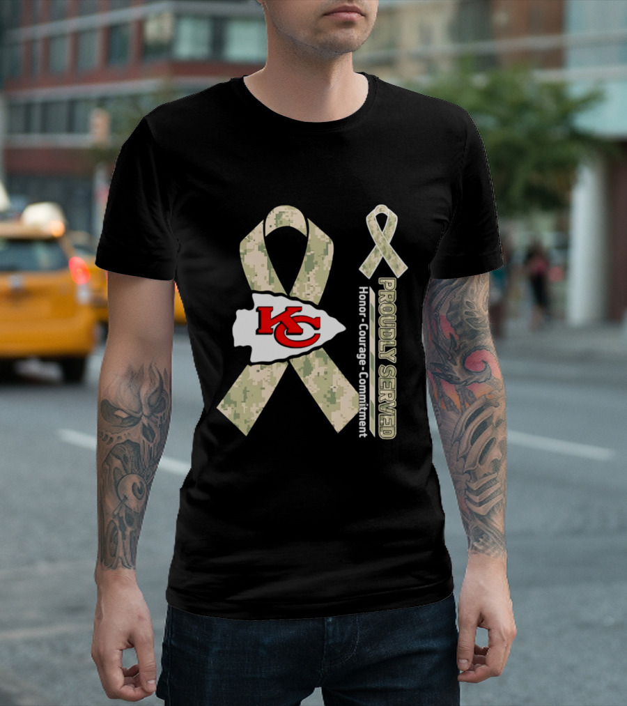 Kansas City Chiefs Military Support Honor Courage Commitment Kansas Camo Ribbon T-Shirt
