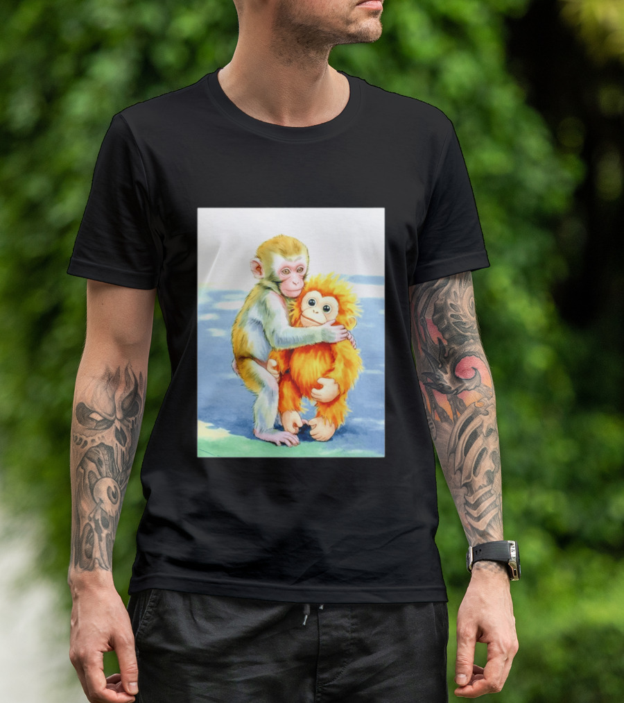 Adorable Monkey Cuddling Orange Plush Toy Scene T-Shirt