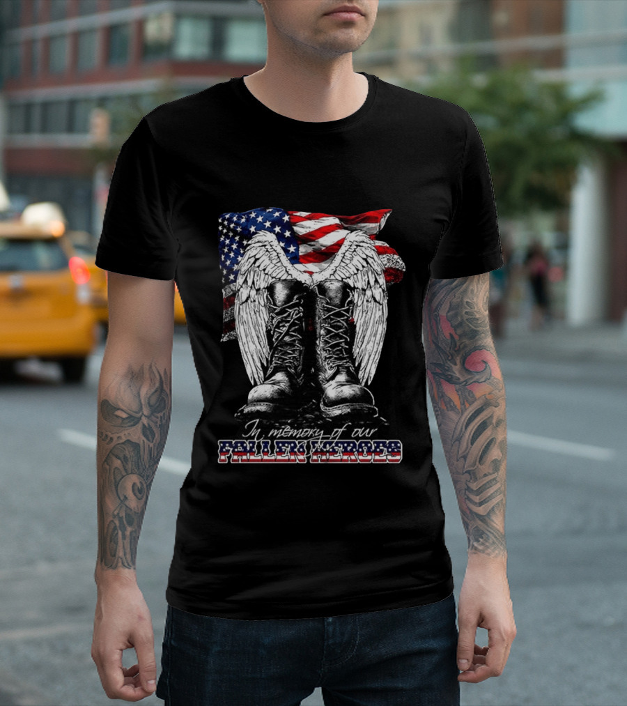 Hero's In The Sky In Memory Of Our Fallen Heroes American Flag Boots And Wings T-Shirt