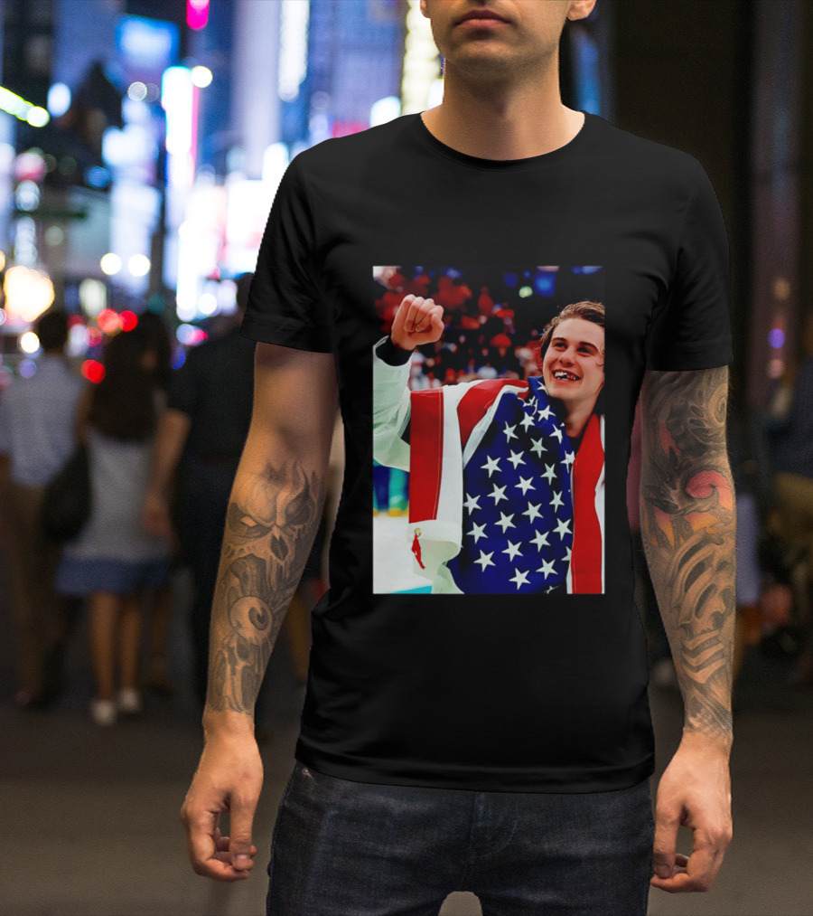 Jack Hughes Celebrating Team USA Hockey Star Spangled Moment T-Shirt