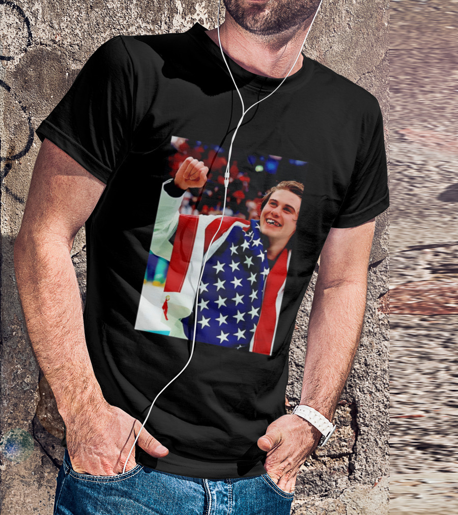Jack Hughes Celebrating Team USA Hockey Star Spangled Moment T-Shirt