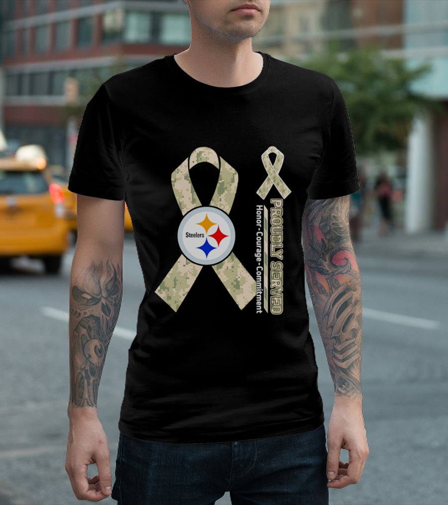 Pittsburgh Steelers Camouflage Ribbon Proudly Served Honor Courage Commitment T-Shirt
