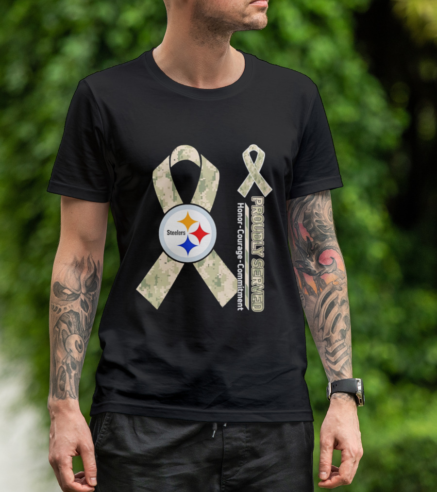 Pittsburgh Steelers Camouflage Ribbon Proudly Served Honor Courage Commitment T-Shirt