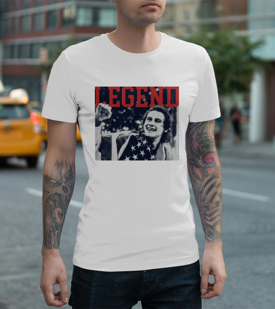 The Ice Sacrifice Jack Hughes Legend Fist Raised American Flag T-Shirt