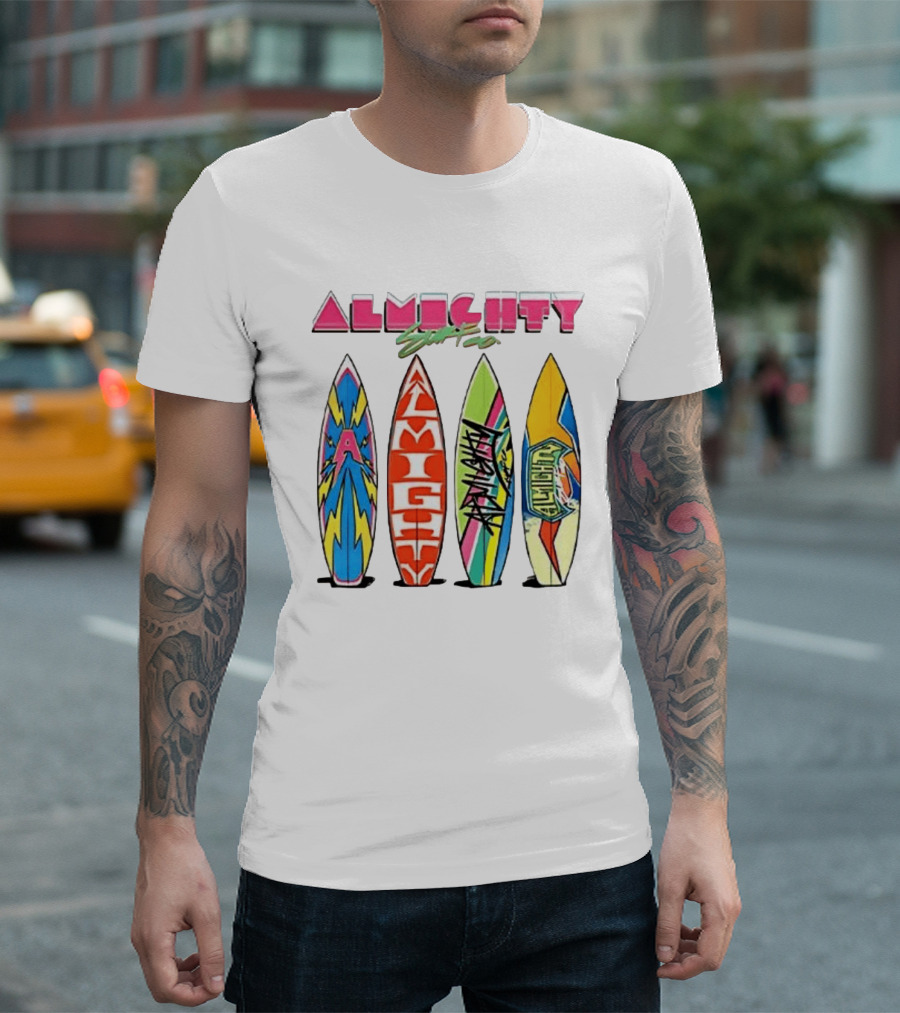 Almighty Surfs Up Collection Vibrant Surfboards T-Shirt