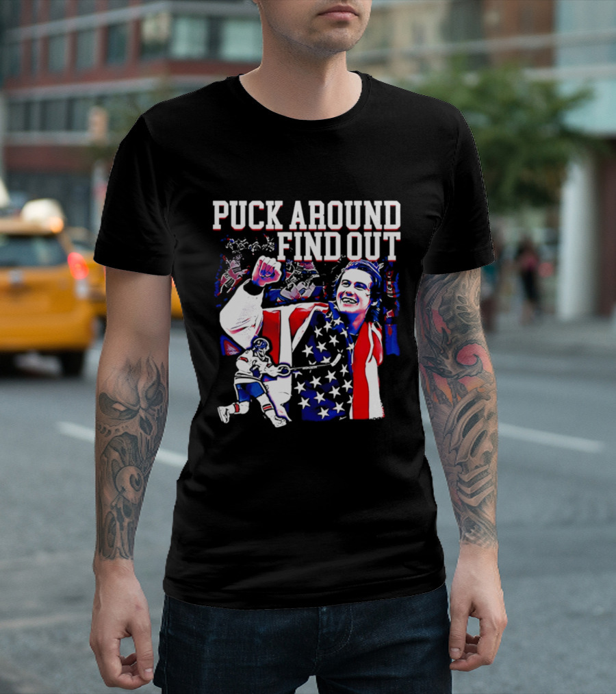 Puck Around Find Out Jack Hughes USA Hockey American Flag Celebration T-Shirt