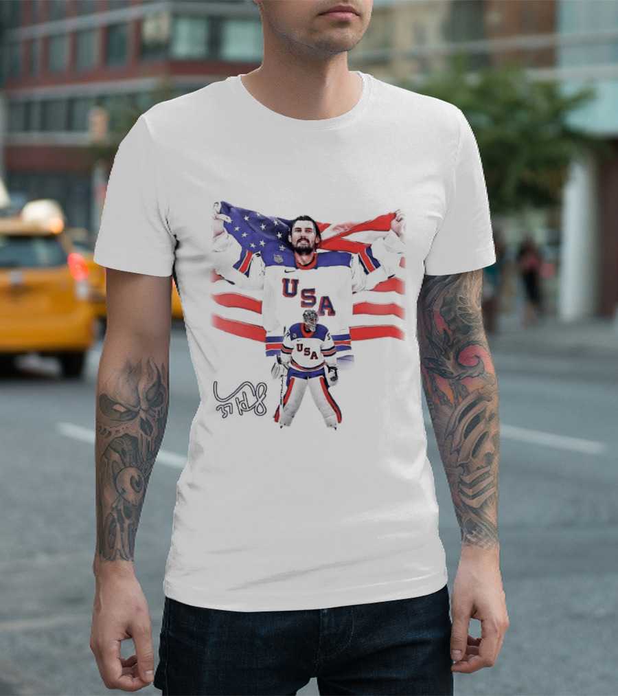 Connor Hellebuyck Team USA Olympic Gold Celebration Hockey Player With American Flag T-Shirt