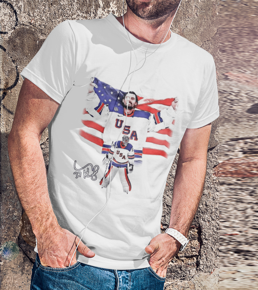 Connor Hellebuyck Team USA Olympic Gold Celebration Hockey Player With American Flag T-Shirt