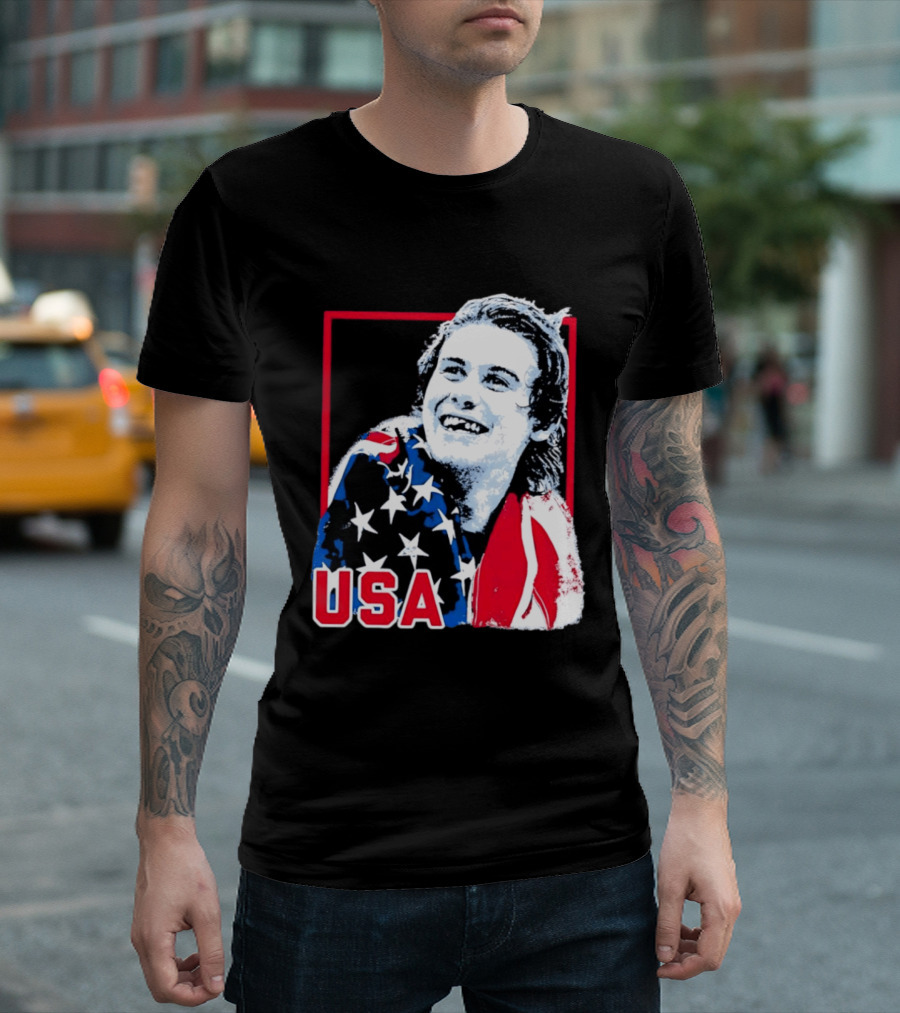 USA Flag Happy Athlete Red Frame American Pride T-Shirt