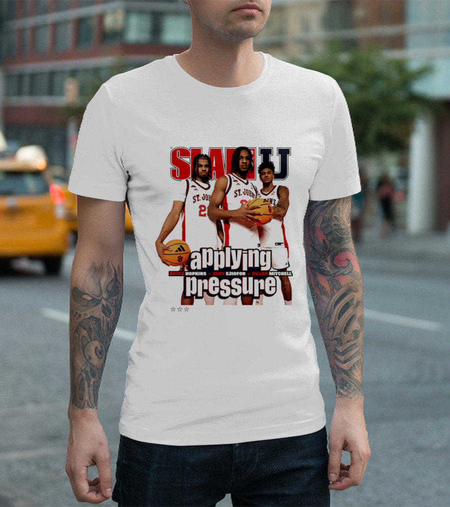 St. John's Red Storm SlamU Applying Pressure Bryce Hopkins Zuby Ejiofor Dillon Mitchell T-Shirt
