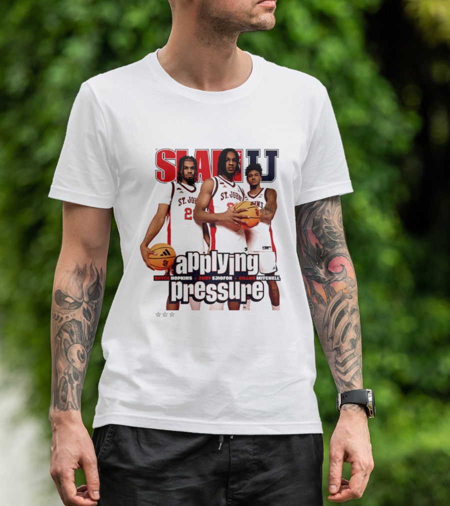 St. John's Red Storm SlamU Applying Pressure Bryce Hopkins Zuby Ejiofor Dillon Mitchell T-Shirt