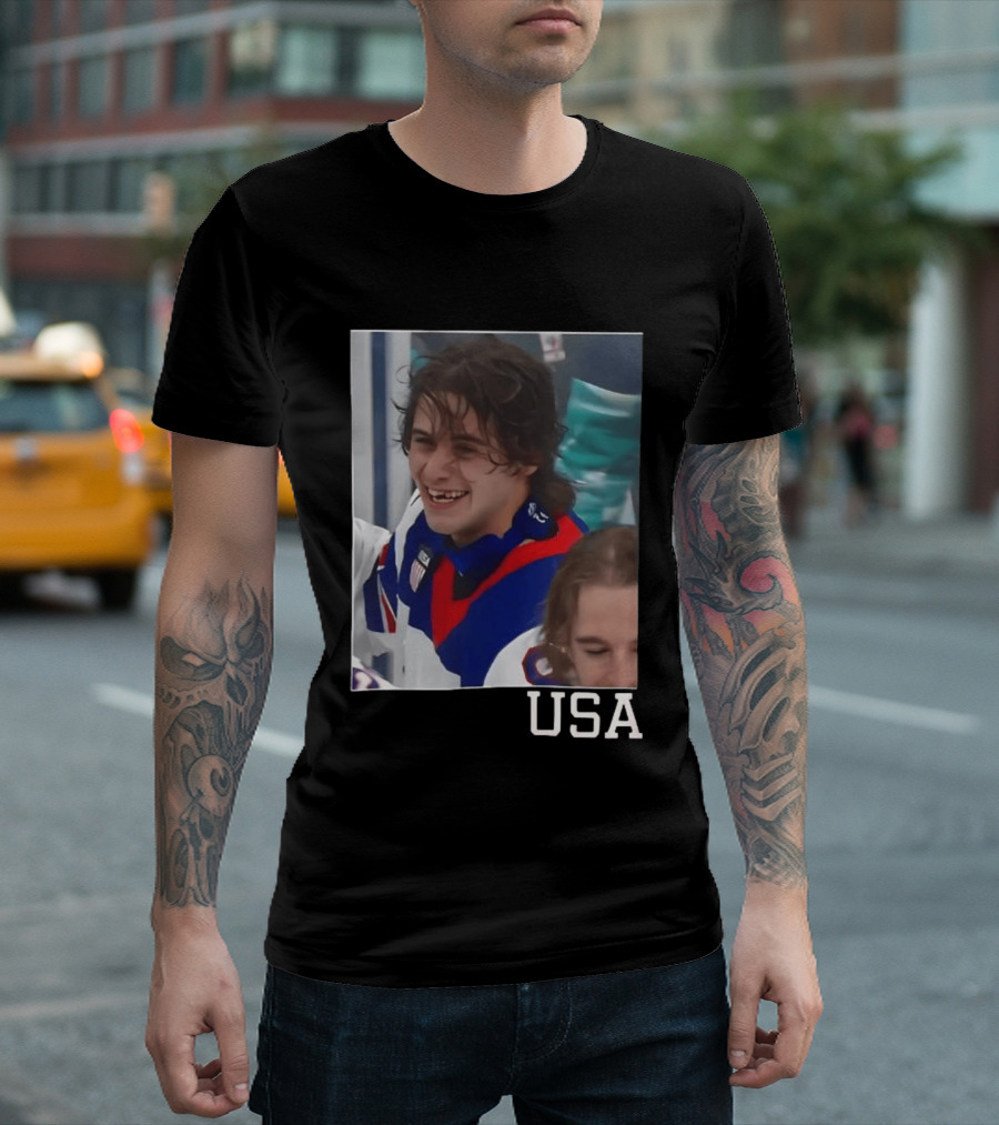 Jack Hughes 2026 Winter Olympic Team USA Smile Hockey T-Shirt