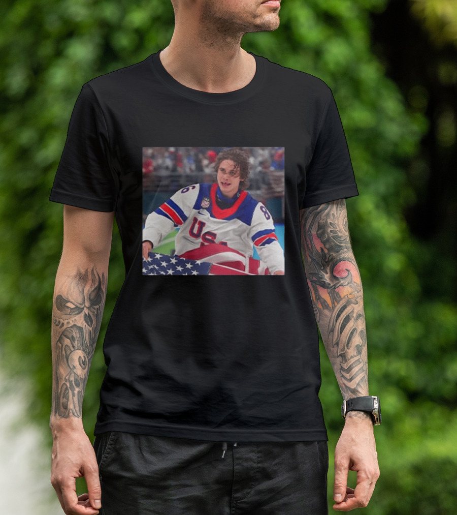 USA Hockey Jack Hughes Team 86 American Flag T-Shirt