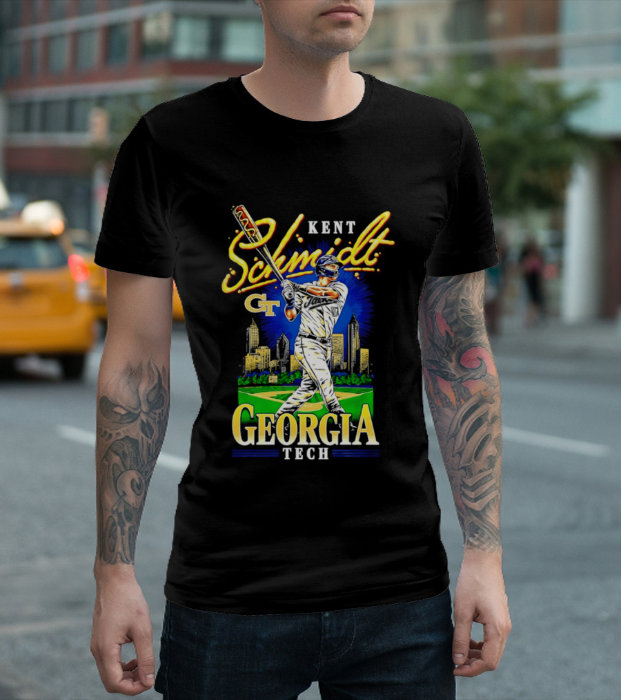 Kent Schmidt Georgia Tech Baseball Hot Dog Bat Skyline T-Shirt