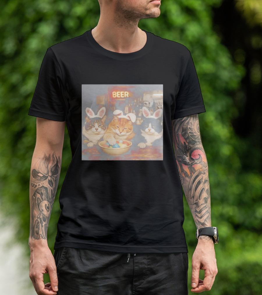 Beer Cat Trio Bunny Ears With Easter Eggs T-Shirt