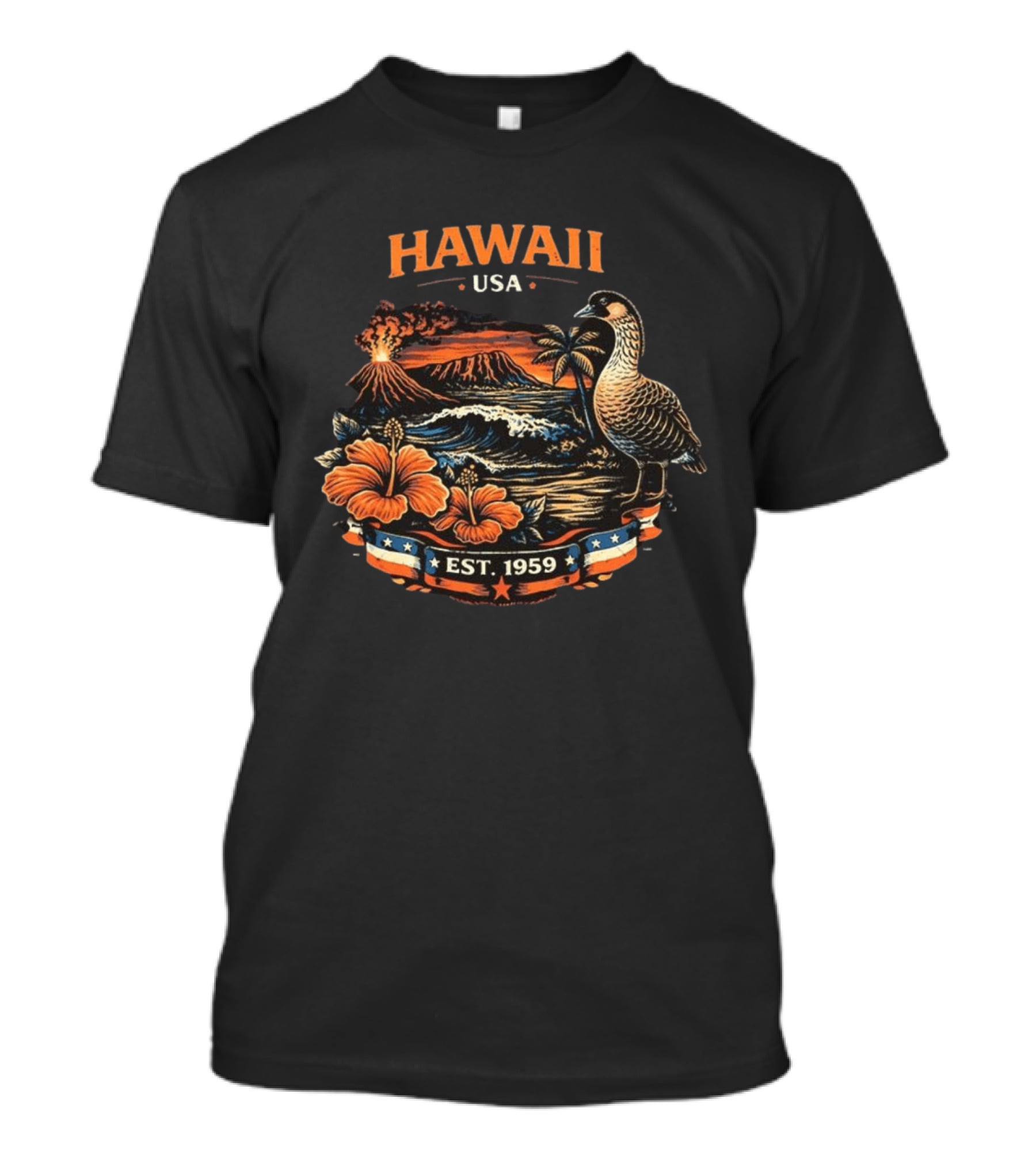 Hawaii USA Est 1959 Volcano Nene Bird Hibiscus T-Shirt