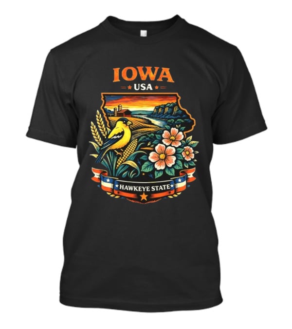 Iowa USA Hawkeye State Scenic Landscape With Bird And Flowers T-Shirt
