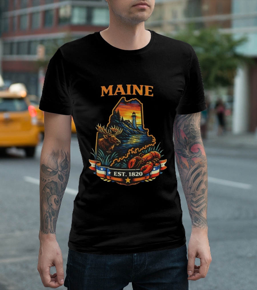 Maine Sunset Est 1820 Lighthouse Moose Lobster USA Landscape T-Shirt