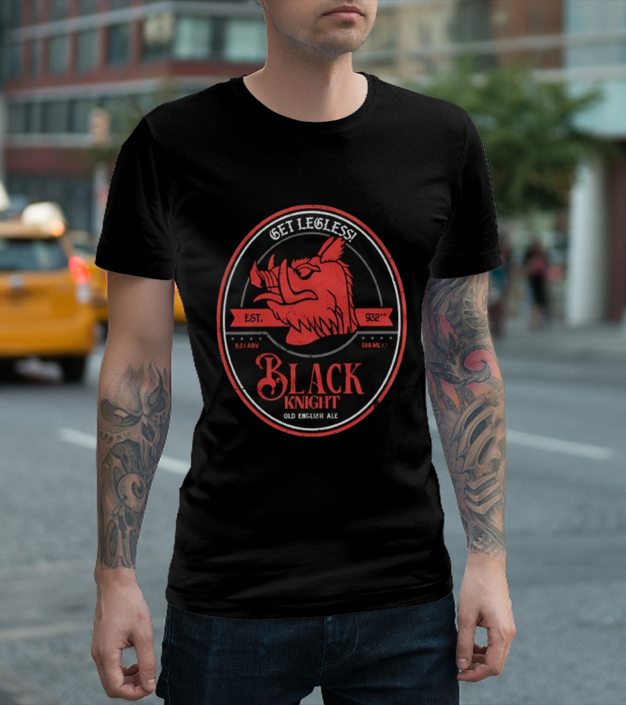 Get Legless Black Knight Old English Ale Est 932AD Wild Boar T-Shirt
