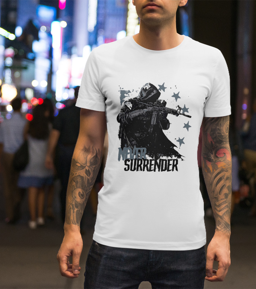 Never Surrender Reaper With Hooded Figure And Rifle T-Shirt