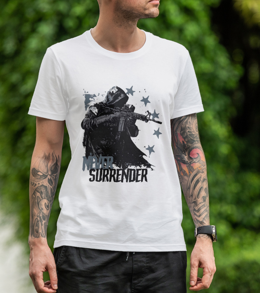 Never Surrender Reaper With Hooded Figure And Rifle T-Shirt