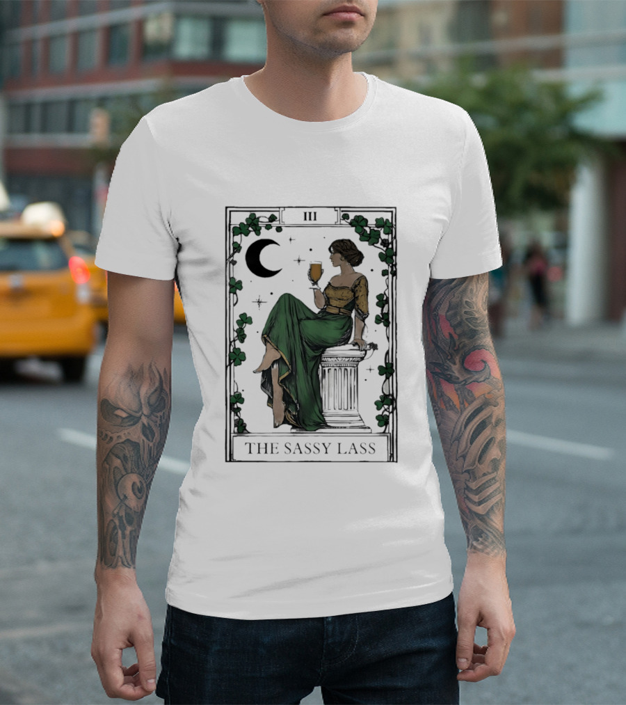St Patrick's Day The Sassy Lass Tarot Card III Moon Clover T-Shirt