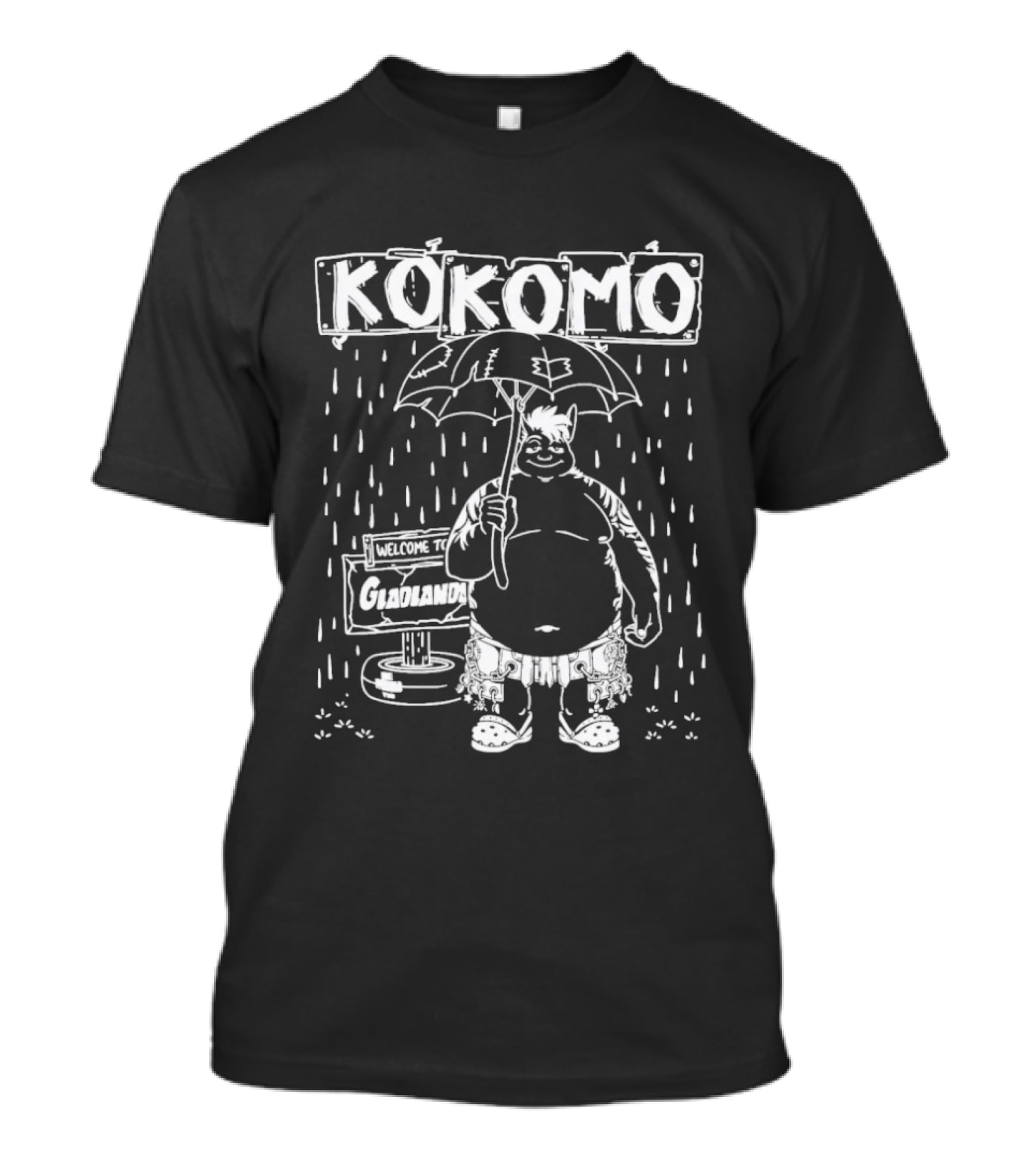 KoKomo Welcome To Gladlands Umbrella Character In Rain Scene T-Shirt
